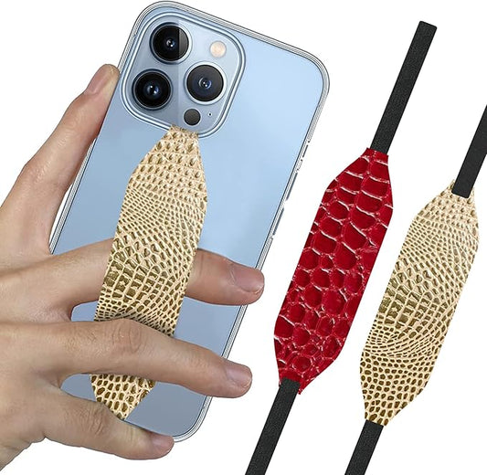 Switchbands Animal Phone Grip Strap – Reversible Elastic Strap, Drop Protection, Adhesive-Free, Ergonomic Hand Support, Wireless Charging Compatible, Universal Fit – Gold & Red Alligator