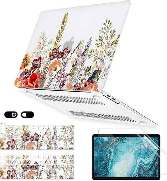 iDonzon Case for MacBook Pro 13 inch M2 M1 A2338 A2289 A2251 A2159 A1989 A1706 A1708 2023-2016 Release, Matte Clear Cover & Keyboard Cover & Screen Protector for Pro 13.3 with Touch ID, Field Flowers