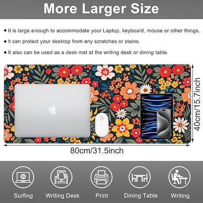 Mouse Pad, Large Colorful Flowers and Plants Desk Mat, Extended Non-Slip Gaming Keyboard Mousepad Desk Pad, Thick Stitched Edges Waterproof Mouse Mat 31.5"x15.7" (Bright Abstract Floral)