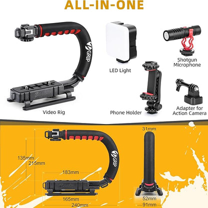 Zeadio Camera Stabilizer, Handle Grip Handheld Stabilizer with LED Video Light and Microphone, Fits for All Camcorder, Camera, DSLR, Action Camera and All Smartphones