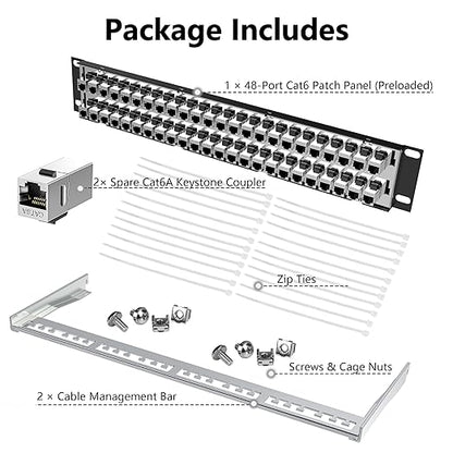 Jadaol 48 Port Shielded Patch Panel Rack or Wall Mount 19-Inch, 2U Cat6A Network Panel Preloaded with 48 Keystone Couplers Plus 2 Spare, 10Gbps Ethernet Panel with Cable Management & Back Support Bar