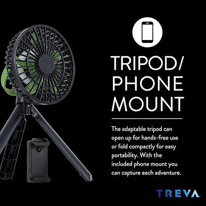 Treva 5 Inch Tripod Fan with Built-In Light and Attachable Phone Mount, Rechargeable 3-Speed Mini Fan with Handle for Travel, Camping, Outdoors