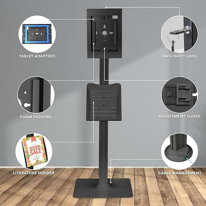 Mount-It! Anti-Theft Floor Stand Compatible with iPad, Contact-Less Kiosk with Universal Enclosure for iPads, Adjustable Locking Secure Tablet Mount for iPad Gen 7 to 10, Pro, Air, Black