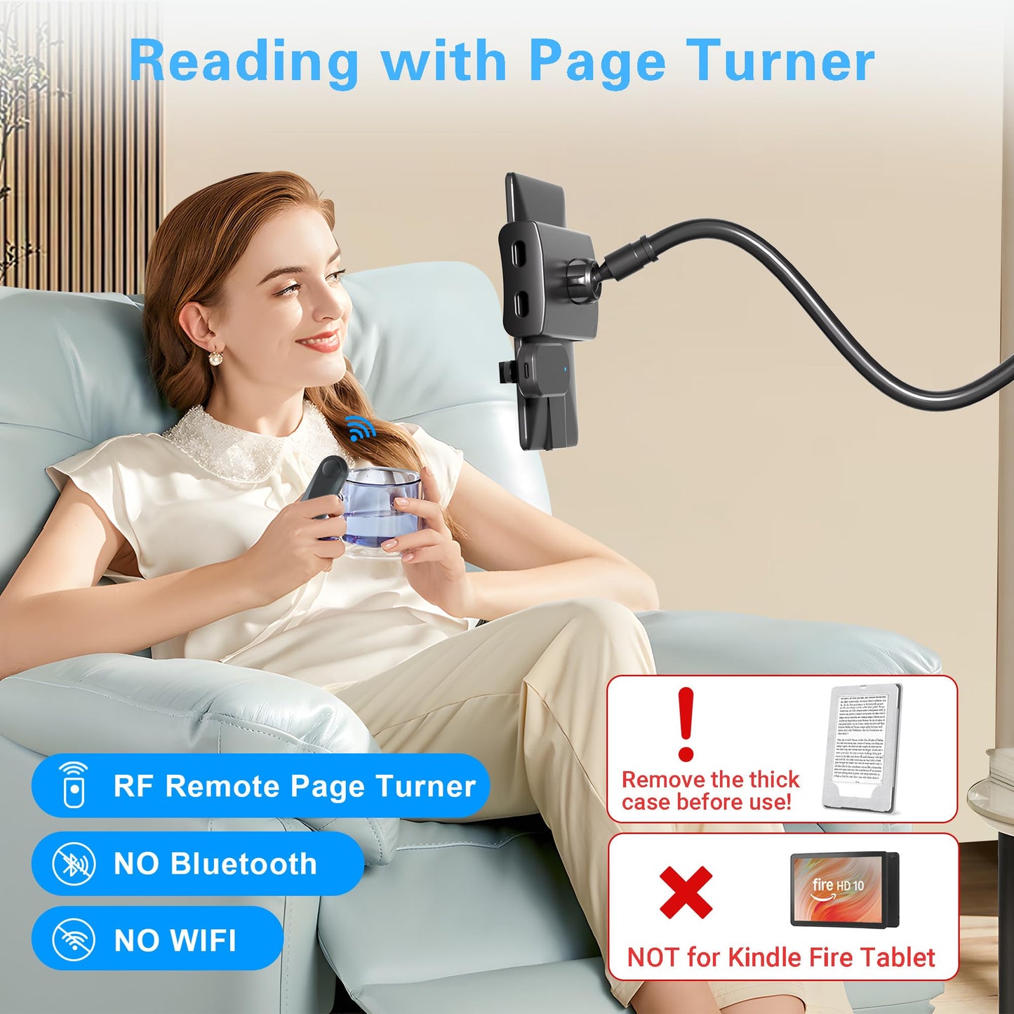 Kefotic Gooseneck Tablet Holder for Kindle Reading in Bed with Page Turner Remote, Hands Free Desk Bedside Lazy Arm Stand for Kindle Accessories, Gifts for Readers