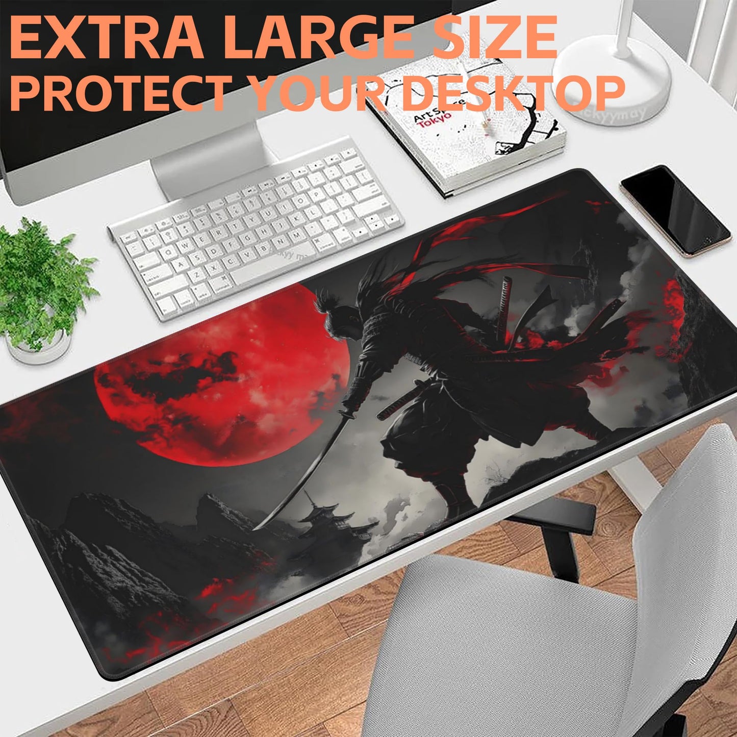 NIYLYNSYN Mouse Pad Large Anime Samurai Non-Slip Gaming Desk Mat with Stitched Edge Laptop Keyboard Desk Pad for Work Home Gaming (35.4 x 15.7 Inches)