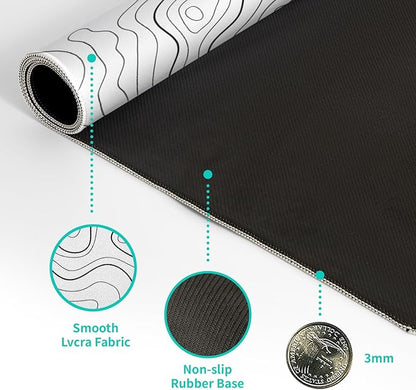 Topographic Contour White Gaming Mouse Pad XL Geographic Map Lines Extended Big Large Desk Mat Non-Slip Rubber Base Stitched Edge Long Keyboard Mousepad for PC Computer Laptop,31.5x11.8 Inch