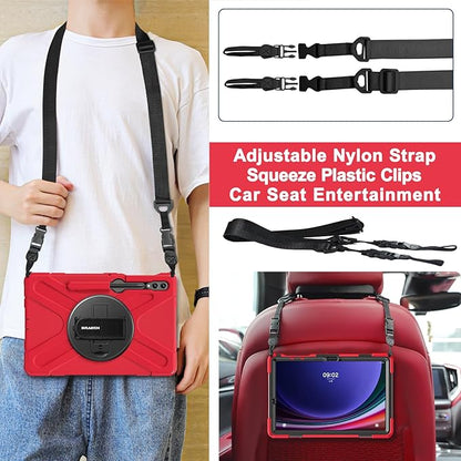 BRAECN for Galaxy Tab S10 Plus/S9 FE+/S9+/S7+/S8+/S7 FE 12.4 inch Case,Heavy Duty Shockproof Case with Carrying Shoulder Strap, S Pen Holder, Kickstand, Hand Strap for Samsung Galaxy Tab S10+-Red