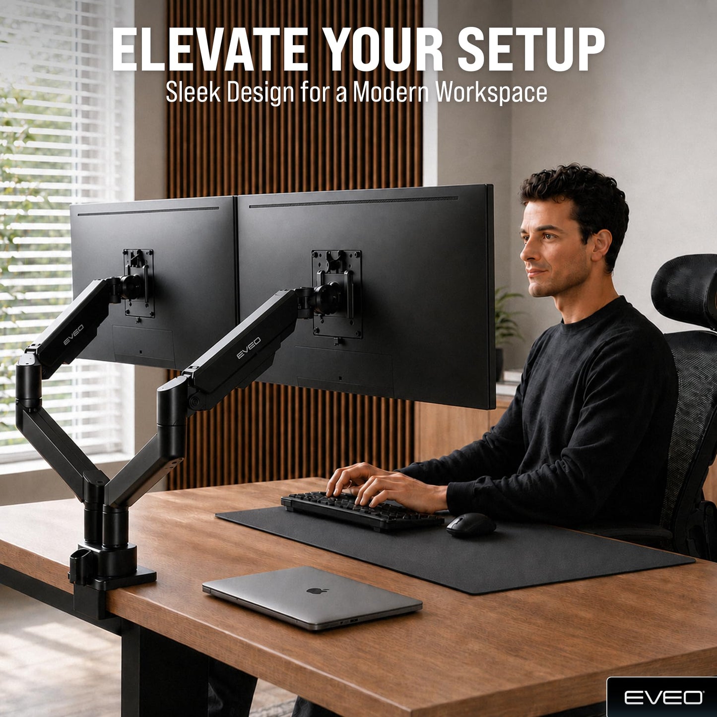 EVEO Premium Dual Monitor Mount 14"-32” Dual Monitor Arm VESA Bracket Adjustable Height Gas Spring Dual Monitor Stand, Screen Full Motion Dual Monitor Arm-Computer Monitor Stand for 2 Screens - Black