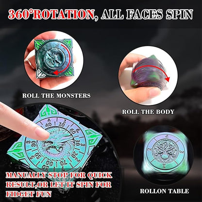 Spinner Dice 7-in-1 Metal DND Set – Premium Copper RPG Dice with 3D Monster Reliefs, Gyro Spinner & Collector’s Box for D&D,Chameleon Purple
