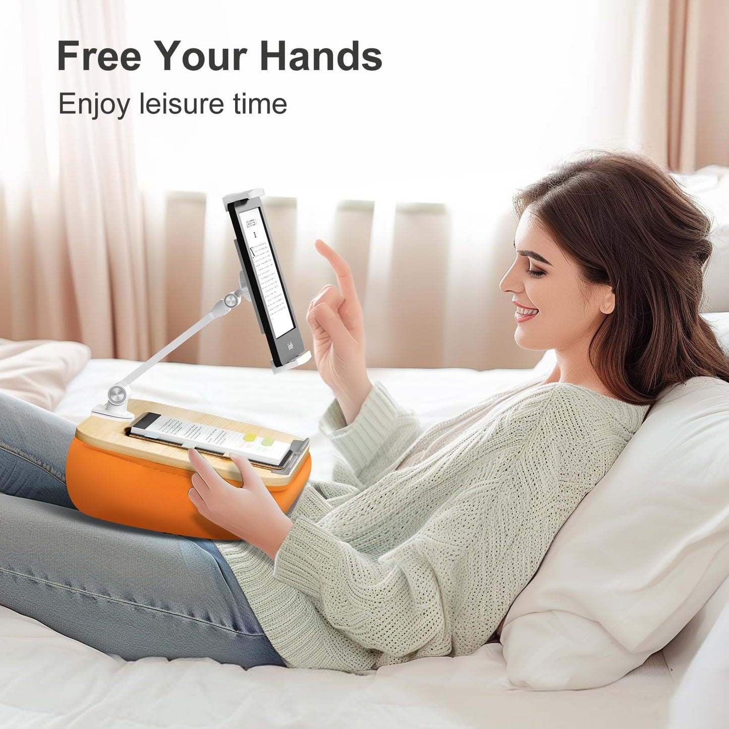 ERGONOV Lap Beanbag Cozy Pillow Stand for Bed with Adjustable Arm, 360° Tablet Holder, Fits 4.7"-13" Kindle, iPad, Phone, Lap Desk for Hands Free Reading in Bed, Couch, Sofa,Orange