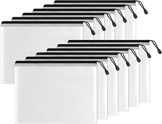 SUNEE Plastic Mesh Zipper Pouch 11x15 in (Black, 12 Packs),Extra Large Water-Resistant Zip Bag for School Office Supplies, Puzzles & Games Organizing Storage