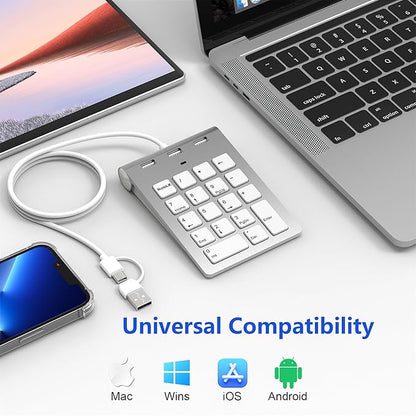 Wired USB C/A Number Pad - Numeric Keypad & Hub with 3 USB2.0 Ports - Portable Slim 18 Key Number Keypad Keyboard for Laptop PC Pad Surface MacBook, Wired Numeric Keypad with Type C & USB Cable 1.6Ft