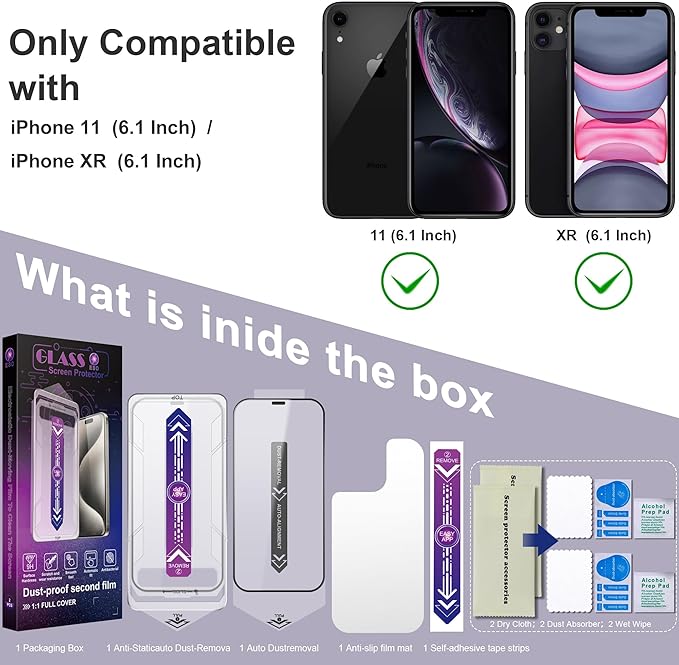 2 Pack Screen Protector for iPhone 11 / iPhon XR, 9H Tempered Glass, Full Coverage, Anti-Fingerprint, Auto Dust-Elimination, No Bubble, Easy Installation