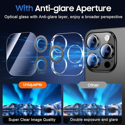 UniqueMe for 3 Pack iPhone 15 Pro/iPhone 15 Pro Max Camera Lens Protector, [Drop Protection] [Case Friendly] 9H Tempered Glass Camera Cover Screen [Update New Version] - Glitter Black
