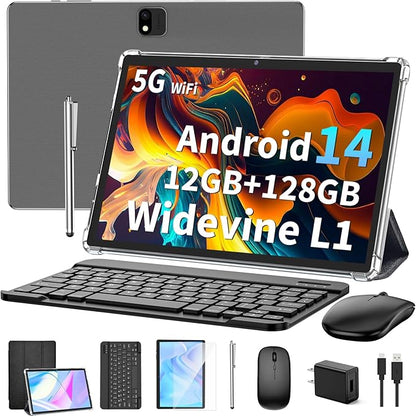 JJGJ Android 14 Tablet with Keyboard, 12GB RAM (6+6), 128GB Storage, 1TB Expandable, 8000mAh Battery, 10 Inch 2-in-1 Tablets, Includes Case, Mouse & Stylus（Black Case）