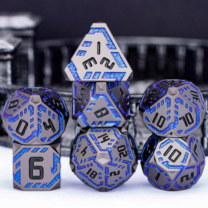 OGCOPHEN Metal DND Sci-fi Dice Set 7PCS Stripe Polyhedral Dice for Dungeons Dragons RPG Role Playing Game, Glitter D and D Dice with Gift Box D6 D8 D10 D12 D20 (Black&Blue Purple)