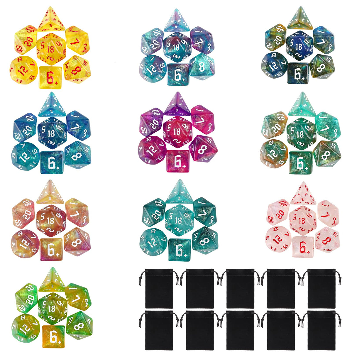 DND Dice Set, 25 X 7 Polyhedral Dice (175 Pieces) with Storage Pouch