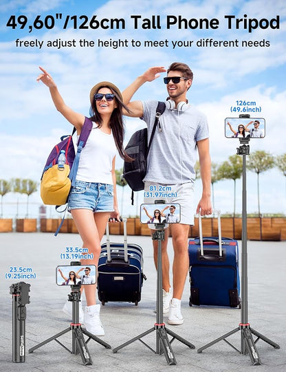 Aluminum Selfie Stick Phone Tripod, 360° Ball Head Selfie Stick for iPhone with Cold Shoe, Extendable Smartphone Tripod Stand with Remote Portable Travel Tripods Compatible with iPhone 16/15/Android