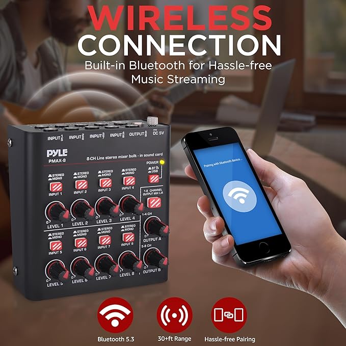 Pyle 8-Channel Wireless BT Streaming Mini Line Mixer with USB Audio Interface - 8 Mono/Stereo Switching Inputs | Ultra-low Noise Design with High Headroom | Built-in USB Sound Card - PMAX8