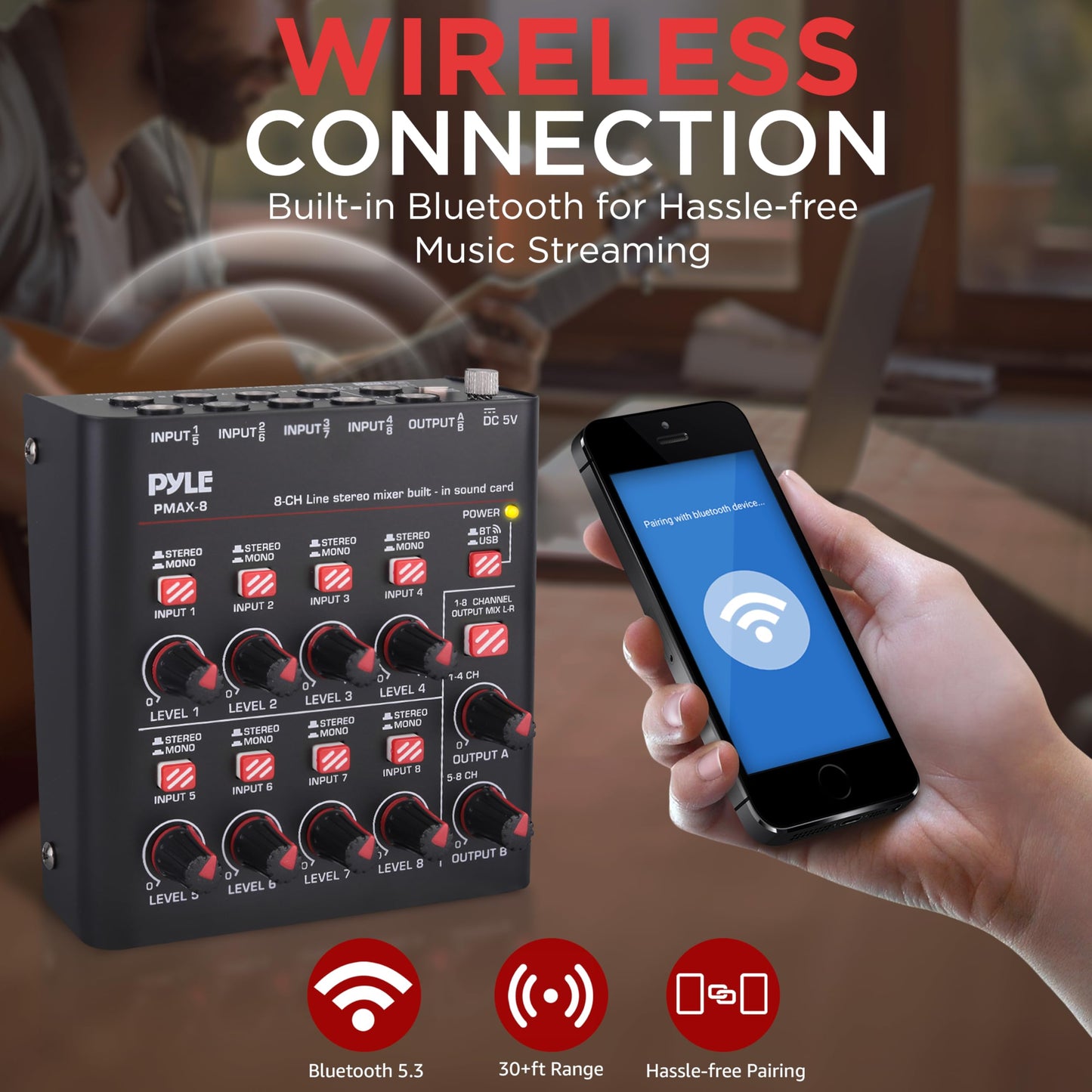 Pyle 8-Channel Bluetooth Mini Line Mixer with USB Audio Interface - 8 Mono/Stereo Switching Inputs | Ultra-low Noise Design with High Headroom | Built-in USB-C Sound Card - PMAX8
