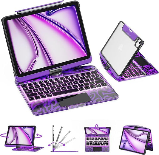 GUSGU Transparent Case with Wireless Keyboard for iPad Pro 11-inch (M4,2024/M5,2025), 7-Color Backlight, Trackpad, 360° Rotating Stand