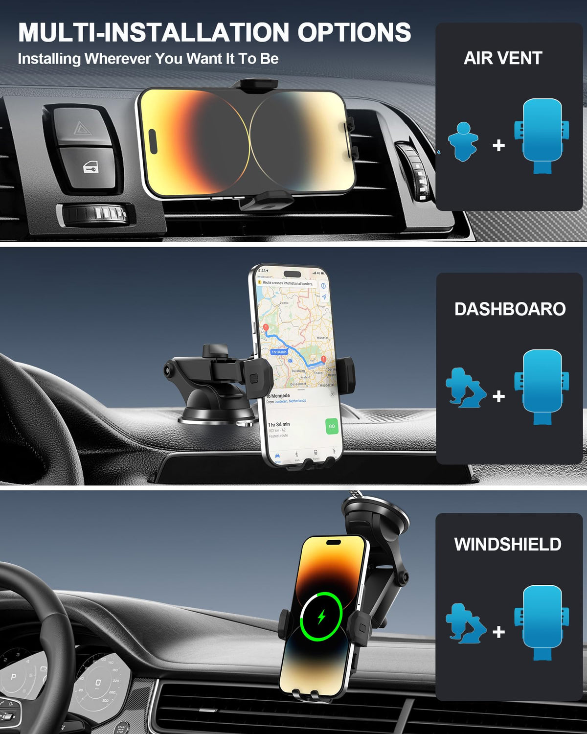 JUSAKA Wireless Car Charger,15W Fast Charging Auto Clamping Phone Holders for Your Car Compatible with iPhone 16/15/14/13, for Samsung Galaxy S24 Ultra S23 S22 S21, S20, S10+ (Black)