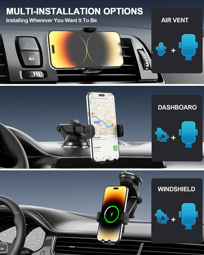 JUSAKA Wireless Car Charger,15W Fast Charging Auto Clamping Phone Holders for Your Car Compatible with iPhone 16/15/14/13, for Samsung Galaxy S24 Ultra S23 S22 S21, S20, S10+ (Black)
