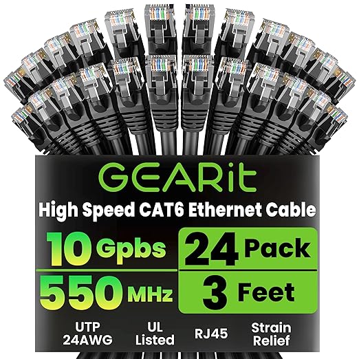 GEARit Cat 6 Ethernet Patch Cables 3 ft Black (Cat 6 Ethernet Cables 3 ft 24-Pack), CAT6 High Speed 24AWG 10Gbps RJ45 Snagless Gold-Plated, Ethernet Cable for Router, Switch, PC, PS5 Gaming, Server