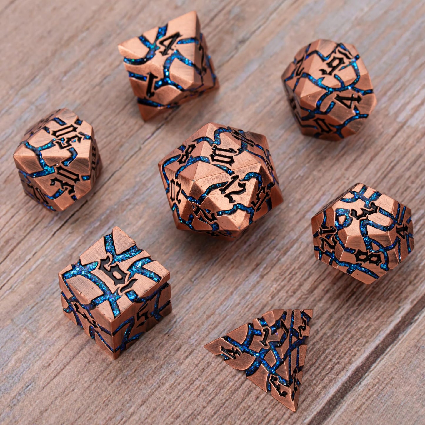 Maywin Cracked Rune Metal Dice Set for DND & RPG – Dark Fantasy Fractured Design, Premium Heavy Metal Polyhedral Dice with Deep Engraved Numbers, 7-Piece Set – Blue Arcane Vein