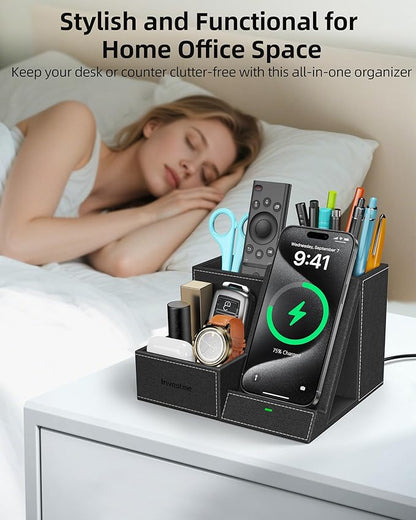 Wireless Charger with Desk Organizer, Pen Pencil Holder, Multifunctional Desktop Organizer, Office Supplies and Desk Accessories Organizer with 3 Compartments and 1 Phone Stand