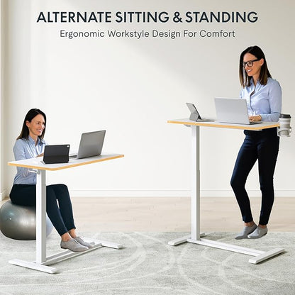 FLEXISPOT Mobile Standing Desk with Wheels Pneumatic Laptop Rolling Computer Cart Movable Height Adjustable Small Sit Stand Desk Computer Workstations Home Use（31.5" W x 17.7" D,White+Maple