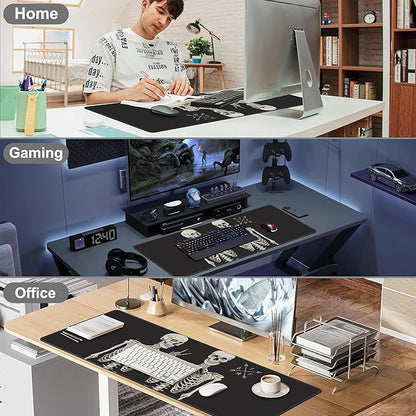 Human Skeletons Best Friends Desk Mat,Large Gothic Human Skeleton Gaming Keyboard Mouse Pad,Non-Slip Rubber Base Desk Pad Thick Stitched Edges Waterproof Mousepad Mouse Mat 31.5"x11.8"