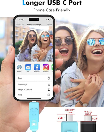 MOSDART 128GB USB3.1 Fast Speed C and A Dual Flash Drive, exFAT Memory Stick with Keychain and LED Indicator, for iPhone 15 and 16, Android Phone, iPad, MacBook, and Other Laptops, Sky Blue