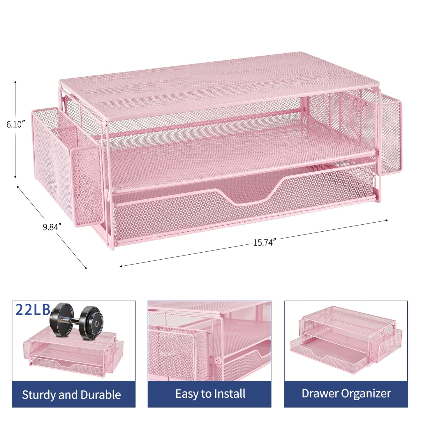 AUPSEN Computer Monitor Stands Riser，2-Tier Desk Organizers and Accessories, Office Desk Accessories Organizer with Drawers and 2 Pen Holder for Office Supplies (Pink)