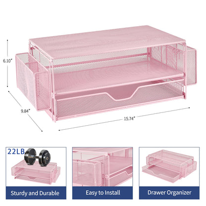 AUPSEN Computer Monitor Stands Riser，2-Tier Desk Organizers and Accessories, Office Desk Accessories Organizer with Drawers and 2 Pen Holder for Office Supplies (Pink)