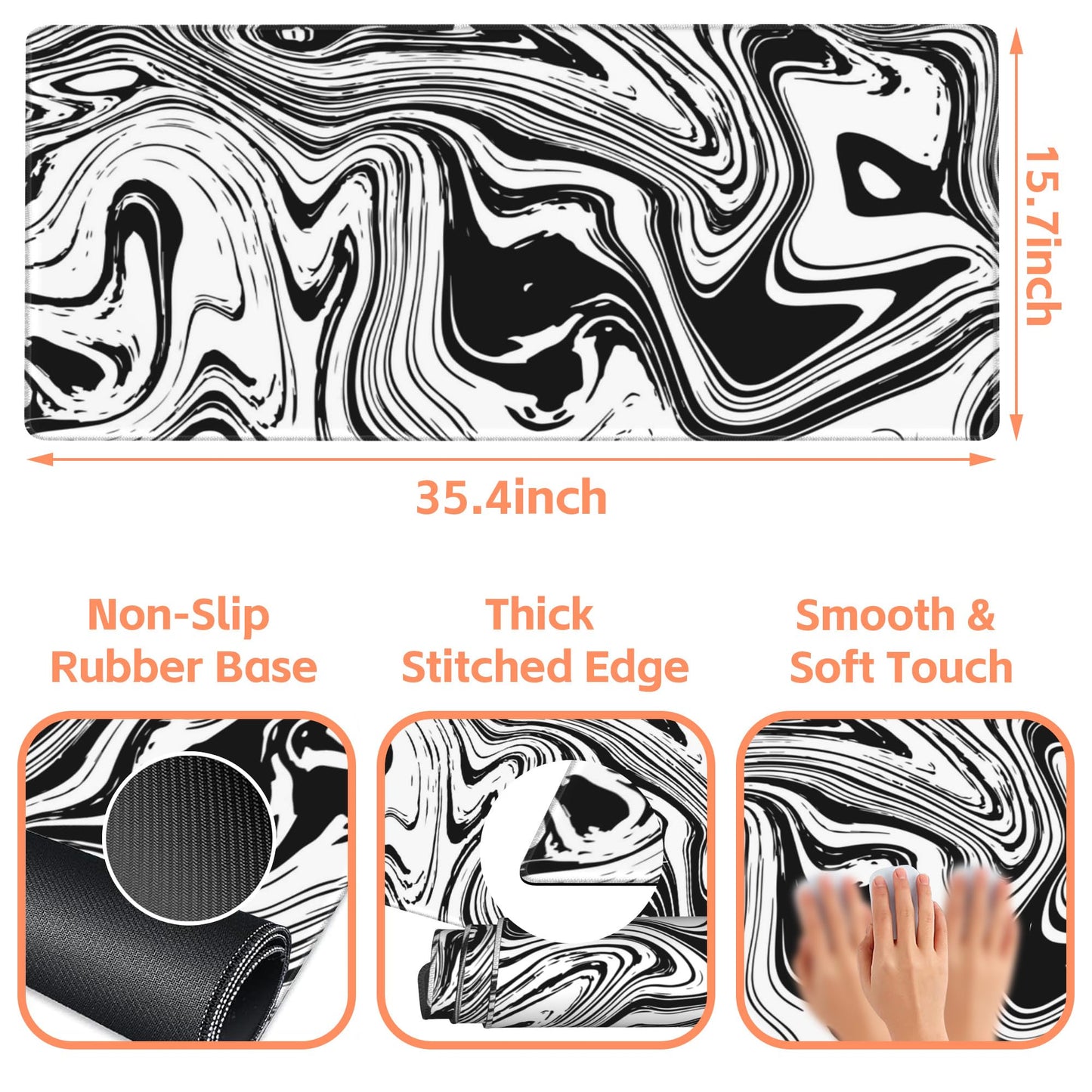 NIYLYNSYN Mouse Pad Large Black and White Fluid Non-Slip Gaming Desk Mat with Stitched Edge Laptop Keyboard Desk Pad for Work Home Gaming (35.4 x 15.7 Inches)
