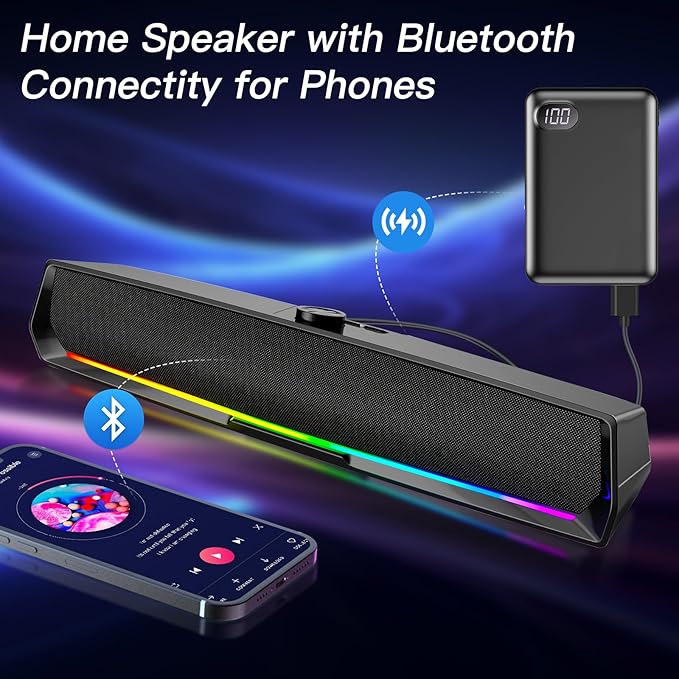Computer Speakers for Desktop,PC Speakers Gaming Sound bar with Colorful Light,USB Speaker with Bluetooth for PCs Monitor Laptop Tablets,Wired Bluetooth Speaker for Phones(Type-C Adapter Included)
