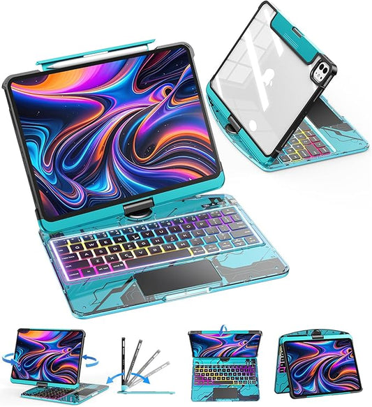 SIBEITU 360 Rotatable Wireless Keyboard Case for iPad Pro 13 Inch (M5 2025 / M4 2024), Multi-Touch Trackpad, 7-Color Backlight & 3-Brightness Levels, Clear Protective Cover with Pencil Holder, Blue