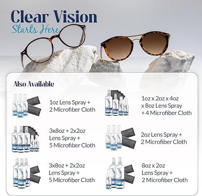 Purity Eyeglass Cleaner Mega Pack - Multi-Size Lens Cleaner Kit - 2x2oz, 3x8oz Bottles + 5 Black Premium Microfiber Cloths - Safe for All Lenses, Eyeglasses, and Screens - Streak-Free Formula