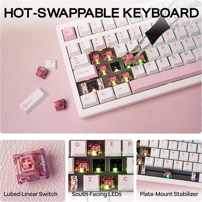 EPOMAKER QK81 75% Wireless Mechanical Gaming Keyboard, QMK/VIA Programmable and Hot-Swappable, 81 Keys with Metal Knob, 2.4Ghz/BT/USB, Creamy Gasket-Mount, RGB Backlight (White, Flamingo Switch)