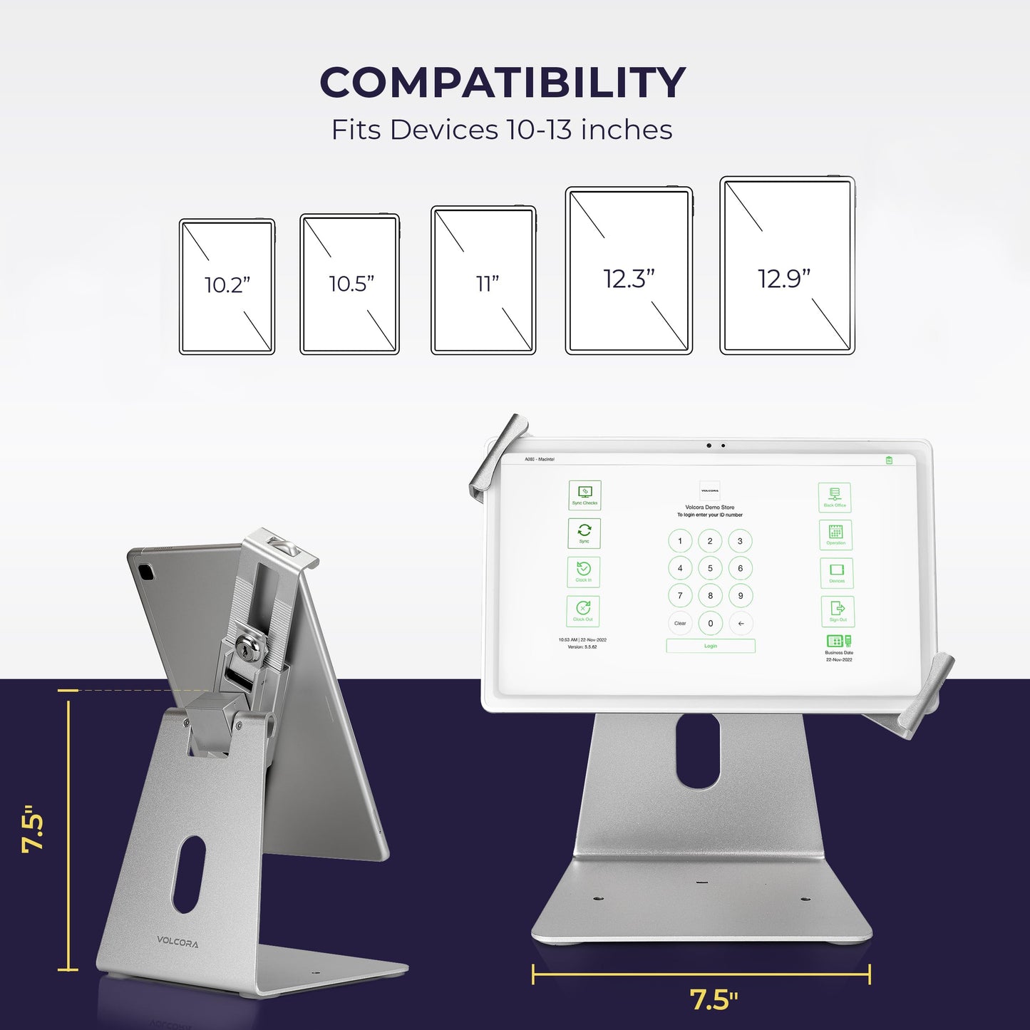 Volcora Anti-Theft Tablet Stand iPad Kiosk Stand with Lock, Silver 10-13'' iPad Stand for Desk, Swivel, Adjustable iPad Holder For Desk, iPad Mount For Desk For POS Register, Retail Business, Cashier