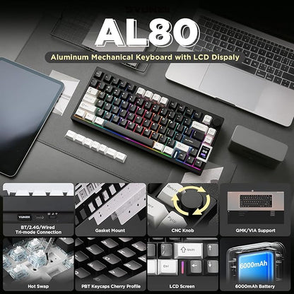 YUNZII AL80 Wireless Mechanical Keyboard,Full Aluminum CNC, Smart LCD Display,Hot Swappable Gasket Mount 75% Layout with Knob,BT/2.4G/USB-C,QMK/VIA Support for Win/Mac (Black, Cocoa Cream V2 Switch)