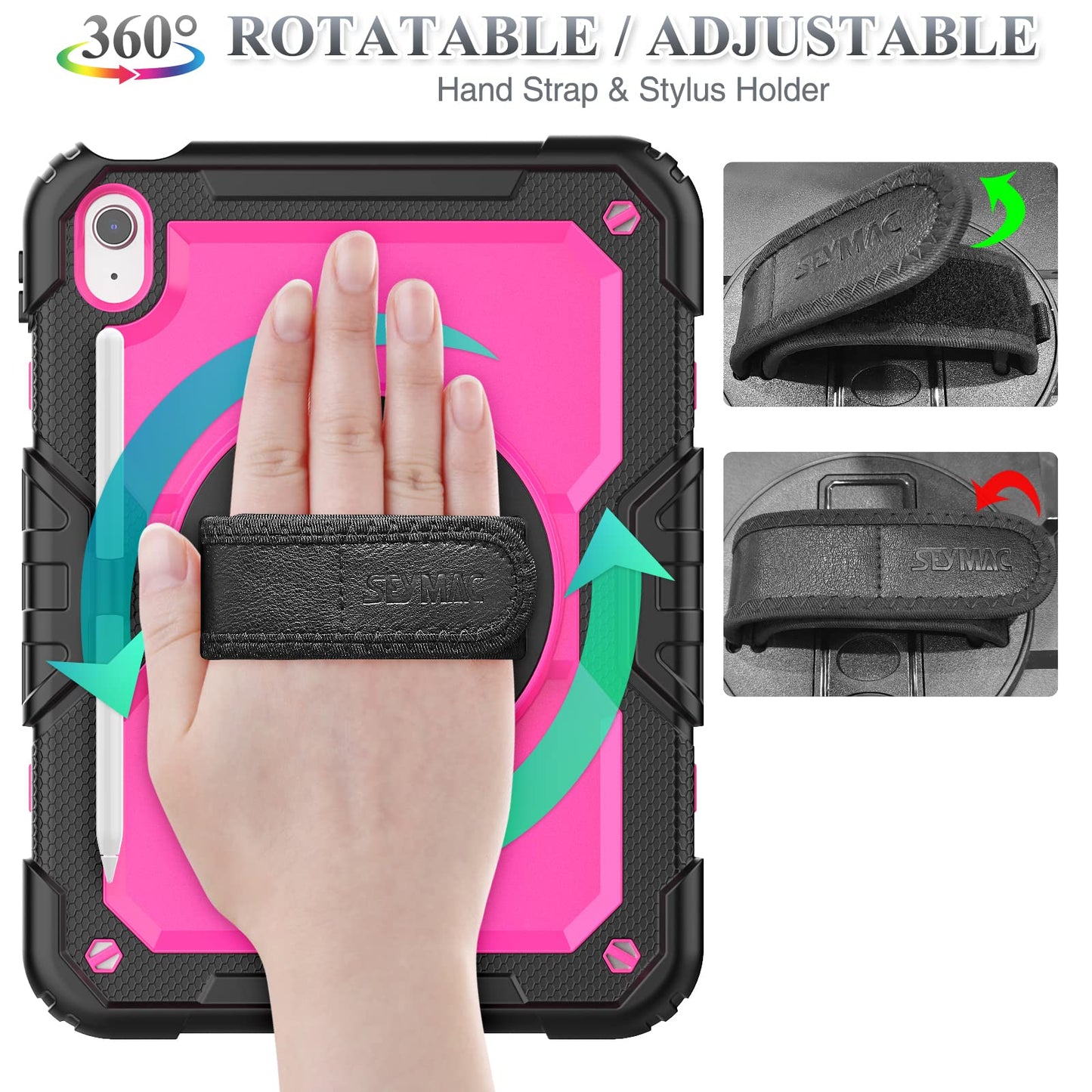 SEYMAC stock Case for iPad (A16) 11th/10th Generation 11''/10.9'' 2025/2022, Full-Body Drop Protection Case with Screen Protector &360° Rotate Hand Strap/Stand, Pink+Black