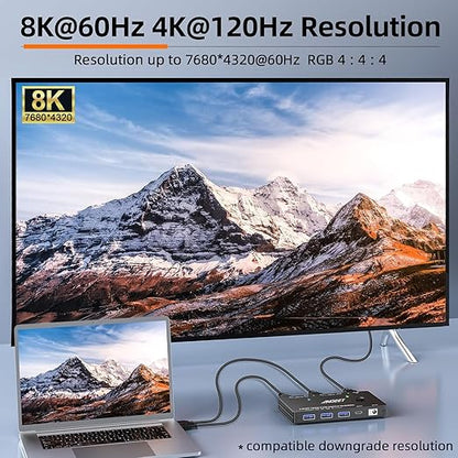 KVM Switch 1 Monitor 2 Computers 8K@60Hz, HDMI KVM Switches for 2 PC Sharing Single Monitor and Keyboard Mouse with Power Adapter, Wired Extend Controller and USB3.0 Cables