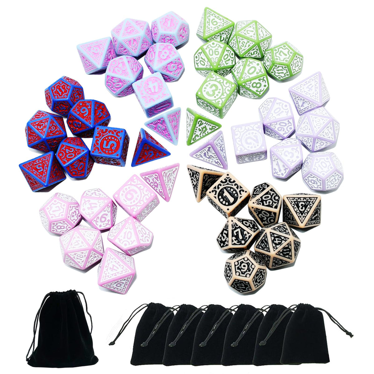 SmartDealsPro 5 x 7-Die Double-Colors Polyhedral Dice Sets with Pouches for D&D DND RPG MTG Dungeon and Dragons Table Board Roll Playing Games D4 D6 D8 D10 D% D12 D20