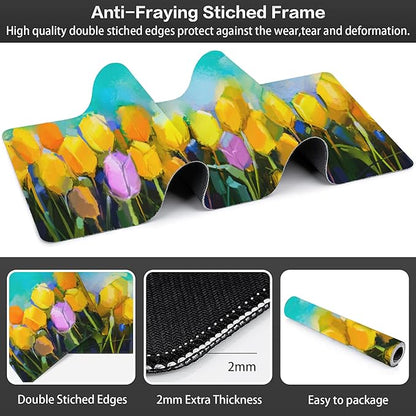 Tulips Flowers Desk Mat,Large Yellow and Violet Tulip Flowers Gaming Keyboard Mouse Pad,Non-Slip Rubber Base Desk Pad Thick Stitched Edges Waterproof Mousepad Mouse Mat 31.5"x11.8"