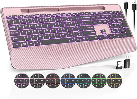 Wireless Keyboard, 7 Colored Backlits, Wrist Rest, Phone Holder-Rose gold