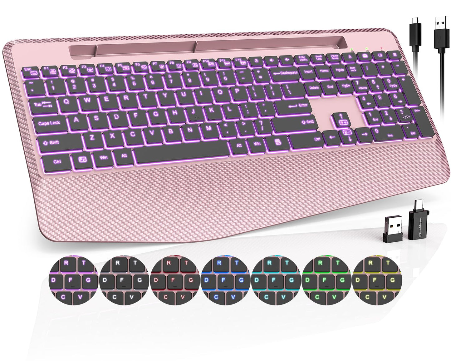 Wireless Keyboard, 7 Colored Backlits, Wrist Rest, Phone Holder-Rose gold