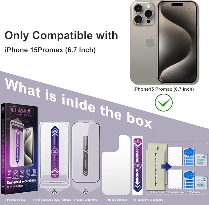 2 Pack Screen Protector for iPhone 15 Pro Max, 9H Tempered Glass, Full Coverage, Anti-Fingerprint, Auto Dust-Elimination, No Bubble, Easy Installation
