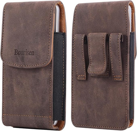 Universal Phone Holster Phone Pouch Case Belt Clip Belt Loops Card Slot Faux Leather for Man iPhone 17/16/15pro max,16/15Plus,Samsung S25 24 S23 S22 Ultra (Brown&Yellow, XL(6.6"x3.4"x0.8"))